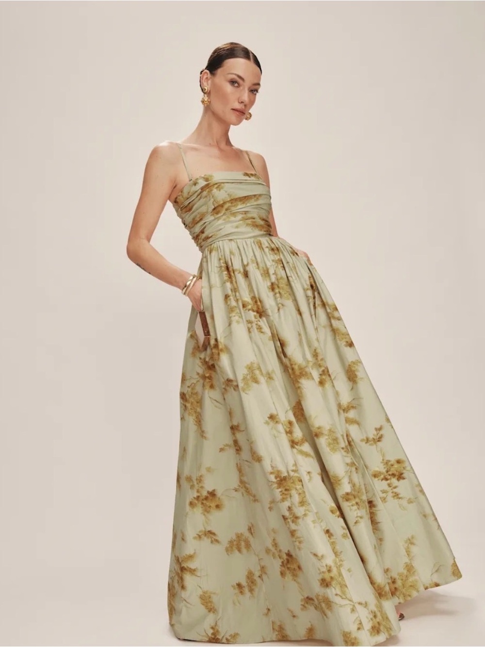 Reformation Kastoria Floral Gown in Pale Sage and Mustard - Picture 8 of 9